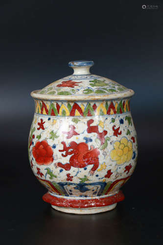 A Doucai Kirin Porcelain Jar With Lid