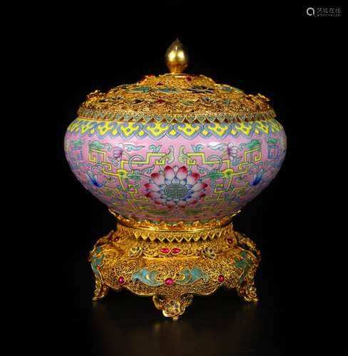 A Pink Base Porcelain Cricket Pot With Gilt Filigree Lid And...