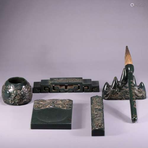 A Set Of Jade Carved Wenfang Chinese of Brush, Ink, Washer A...