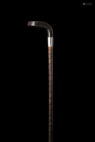 A bamboo and horn golder walking stick. Silver mount, Birmin...