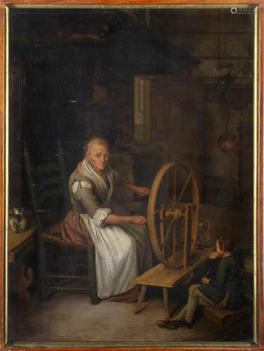 Venceslao Wehrlin Interior scene with an old woman spinning ...
