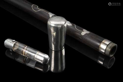 An ebony silver inlaid walking stick with silver handle, tit...