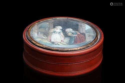 A 19th-century lacquered wooden snuffbox with gilded metal-m...