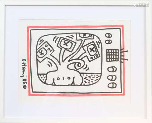 Keith Haring (1958-1990) Dessin original au feutre noir et r...