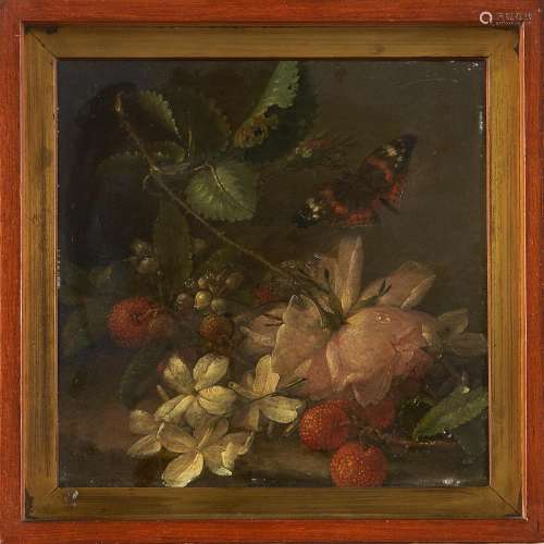 19th century school Flowers and butterfly Oil on copper, 21x...