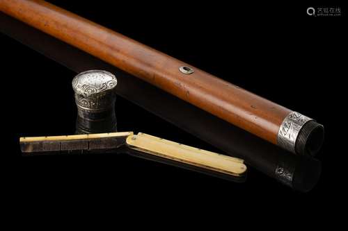 A 19th-century French malacca walking stick with silvered me...