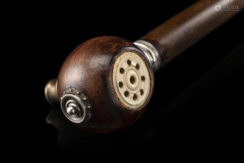 A wooden walking stick with brass and ivory-mounted whistle ...