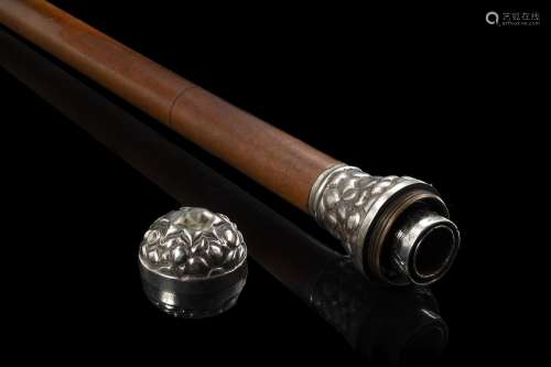 A malacca walking stick with a detachable silver plated knob...