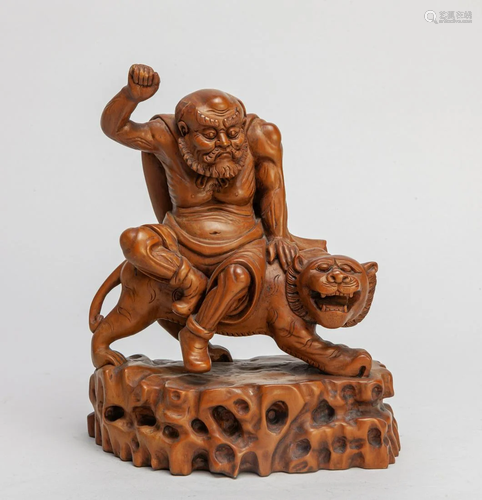 Chinese Boxwood Carved Figure of Luohan & Tiger