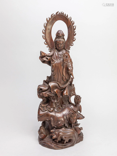 Large Chinese Boxwood Carved Figure of Kuanyin