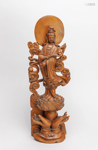 Large Chinese Boxwood Carved Figure of Kuanyin