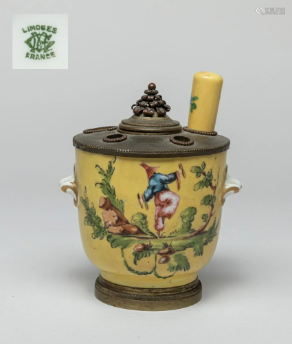Enameled France Limoges Porcelain & Brass Pot