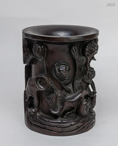 Massive Chinese Carved Wood Brush Pot