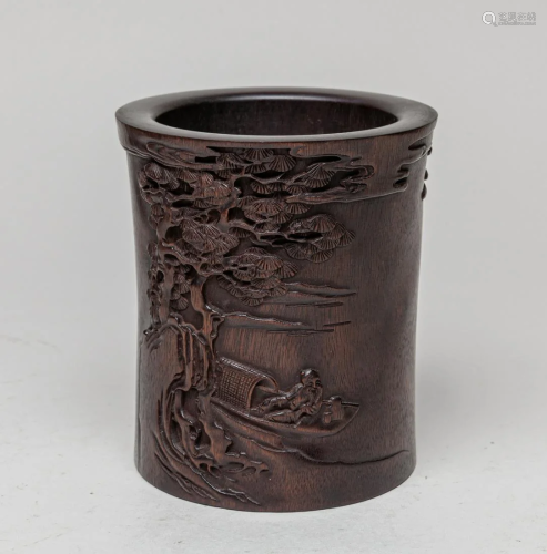 Old Chinese Carved Wood Brush Pot