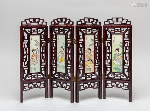 Chinese Wood Table Screen Inlaid Bone Like Carving