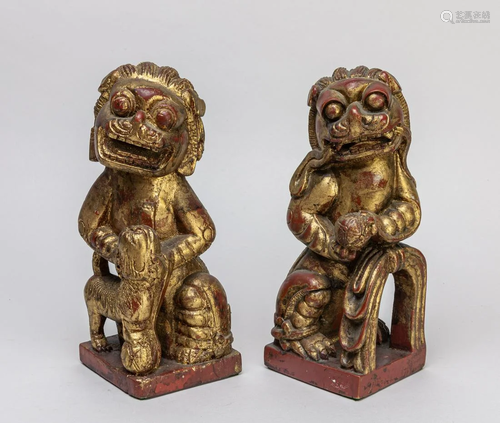 Pair Chinese Antique Gilt Wood Foo Dogs