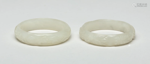Pair Chinese White Jade Carved Bangles