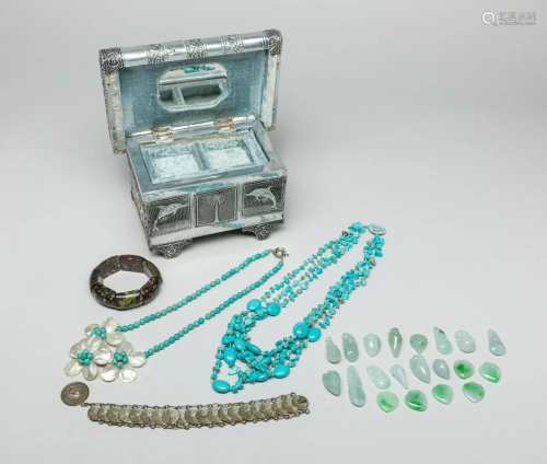 Estate Box of Chinese Jade Carving & Turquoise