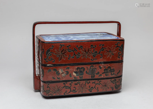 Large Chinese Antique Lacquer & Porcelain Box