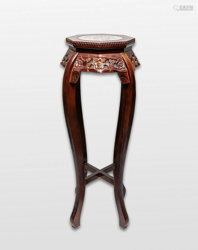 Tall Chinese Wood & Marble Flower Stand