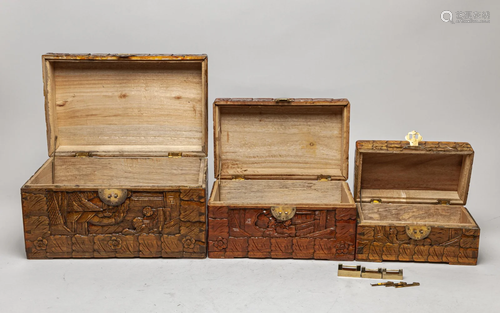 Chinese Carved Wood Jewelry Box Sets