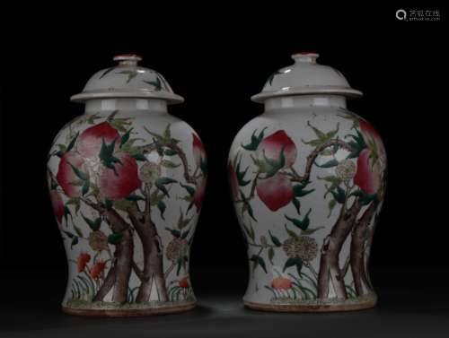 A Pair of Famille Rose Hat-covered Jars