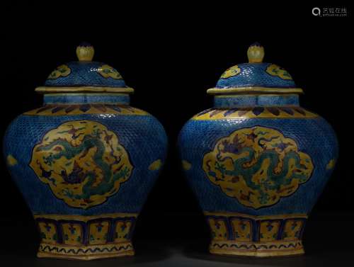 A Pair of Hexagonal Fahua Pots