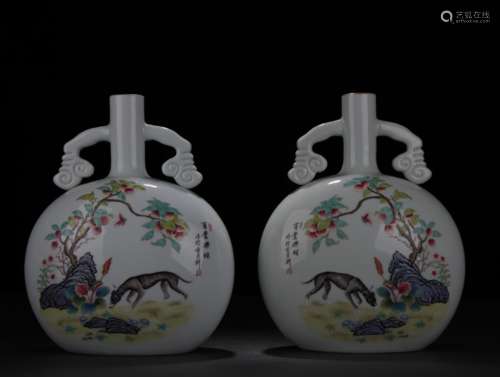 A Pair of Enamel Flat Vases