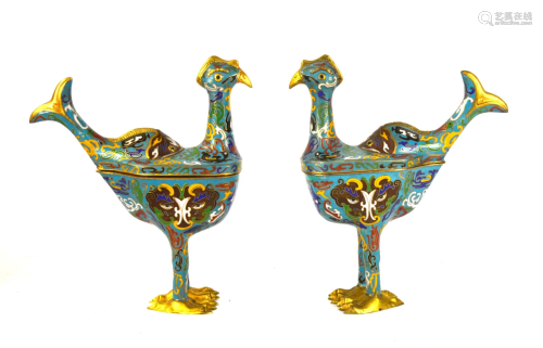 Pr Chinese Cloisonne Bird Form Boxes