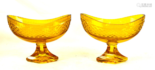 Pr Yellow Cut Crystal Glass Stem- Bowls