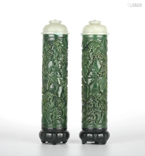 Pr Chinese Carved Spinach Jade Incense Censers