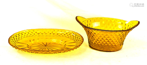 Yellow Cut Crystal Center Bowl & Under Plate