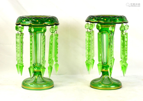 Pr Bohemian Cut Green Glass Lusters