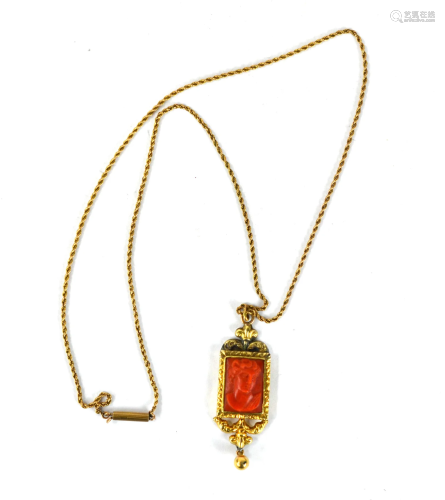 Gold Necklace w Carved Red Coral Pendant
