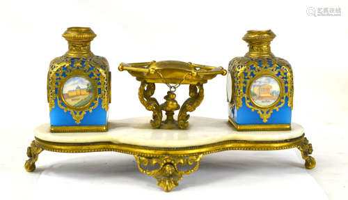 19th C. French Bronze Opaline Perfume Bottles Set