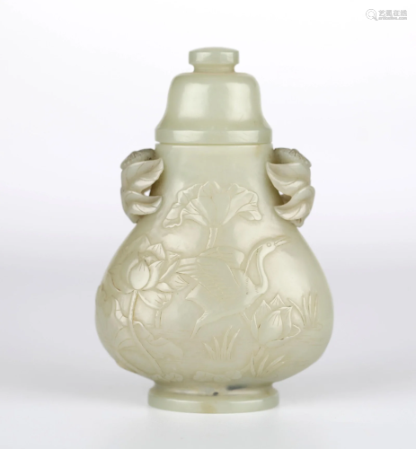 Chinese Carved Jade Vase w Cover