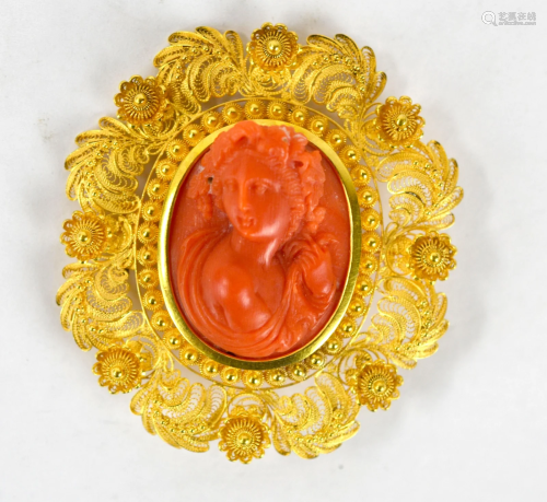Gold & Red Coral Brooch