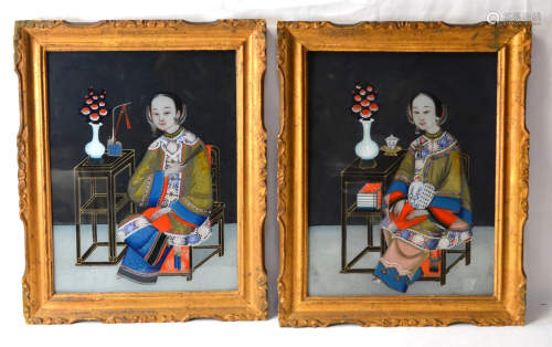 Pr Chinese Framed Reverse Glass Paintings