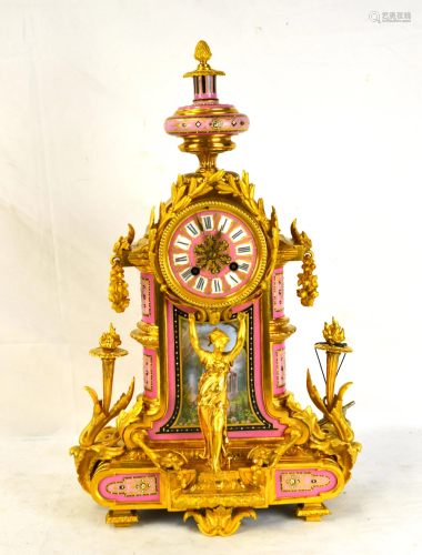 Fine Dore Bronze Pink Sevres Emamel Clock
