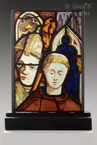 Deux éléments de vitraux polychromes à décor de saints perso...