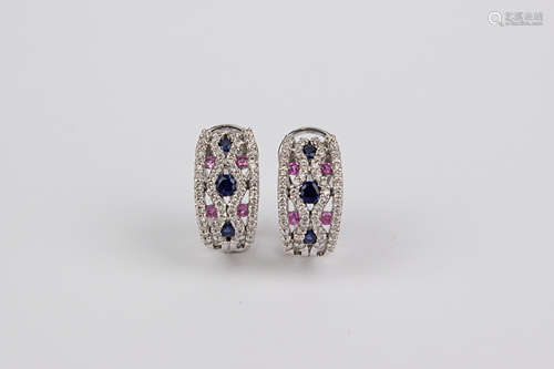 A pair of 18k. white gold, diamonds, sapphires and rubies ho...