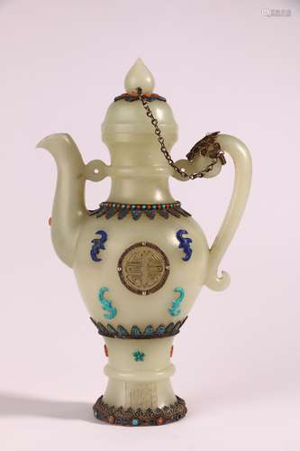 Silver Enamelled Hetian Jade Wine Pot