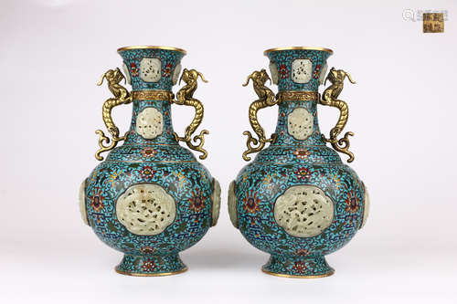 Copper Bodied Enamel Wine Pots with Hetian Jade Inlay