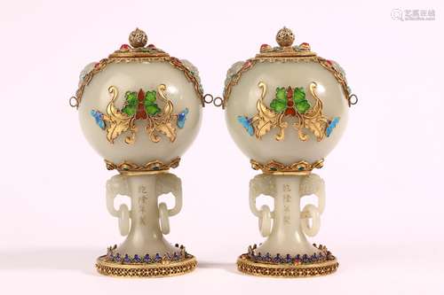 A Pair of Silver Enamelled Hetian Jade Globular Incense Burn...