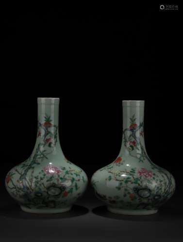 A Pair of Pea Green Glazed Famille Rose Vase