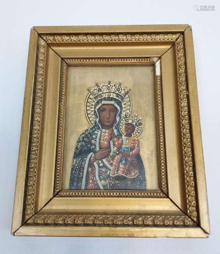 Antique hand painted religious icon on wood, fitted within a...