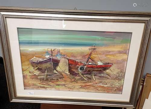 An Original oil painting on canvas depicting docked boats on...