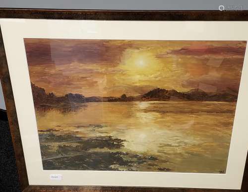 An original oil painting depicting shore scene sunset. Signe...