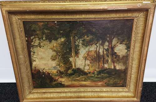 A 19th century Oil painting on canvas depicting woodland sce...