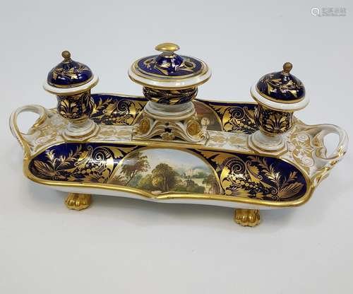 An early 19th century Derby hand painted three section ink s...